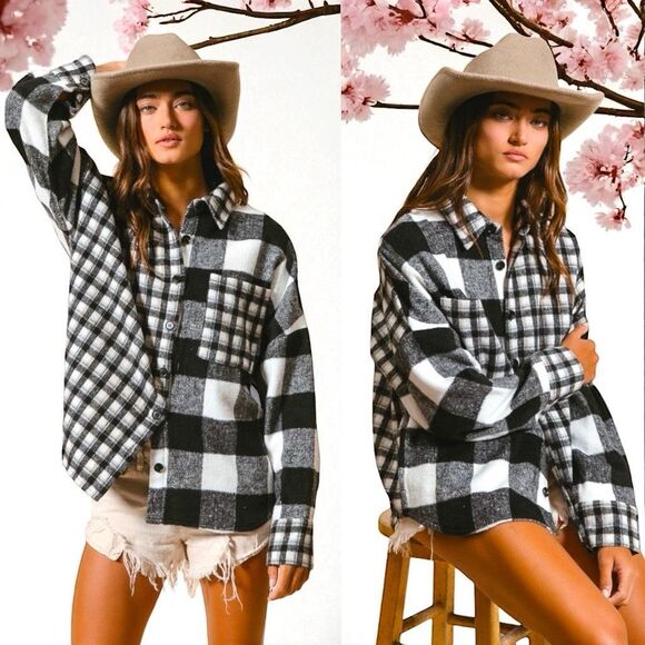 BiBi Tops - BiBi Black & White Plaid Fleece Button Down Long Sleeve Shirt Size XL NWT
